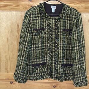 Chico's Olive green plaid Tweed fringe chain trim metallic jacket size 3 (XL/16)